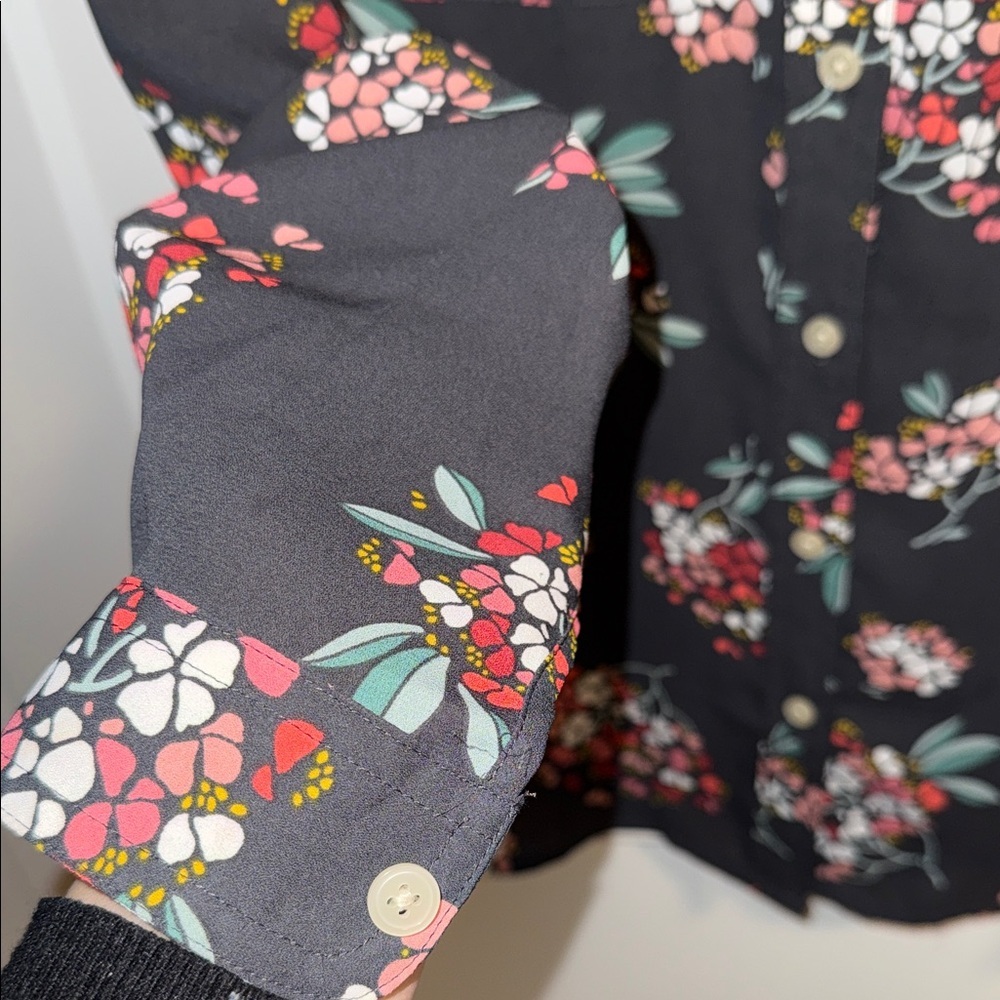 LOFT Black Floral Button-Front Blouse with Red and Pink Blooms - Picture 3 of 8